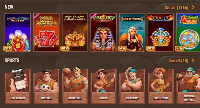 Stone Vegas – zrzut ekranu lobby z nowymi slotami i sekcją zakładów sportowych