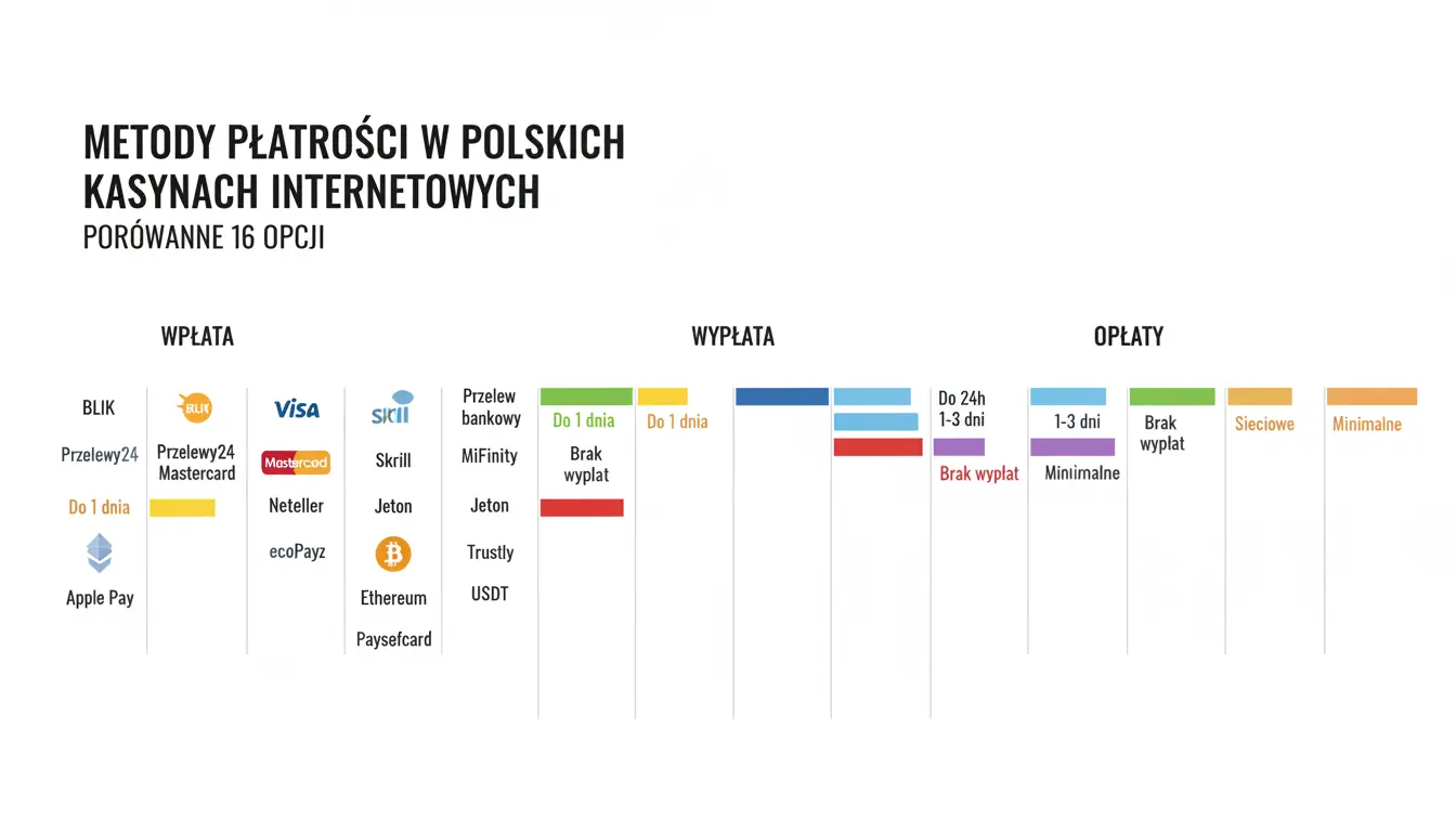 Infografika: metody płatności w kasynach internetowych – szybkość wpłat i wypłat oraz typowe opłaty
